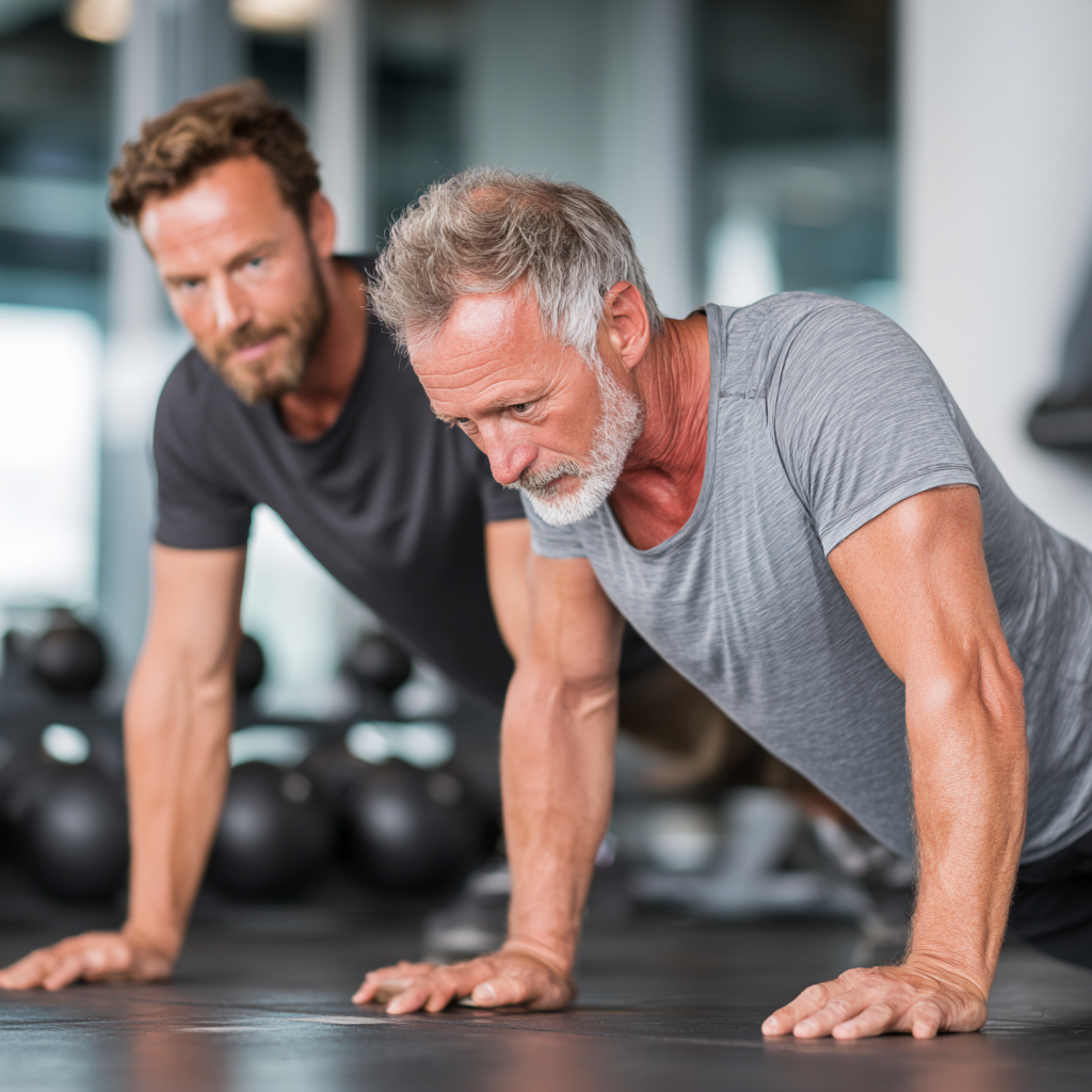 Professional fitness trainer in their 50s demonstrating proper exercise form to a mature adult client in a well-equipped modern gym environment